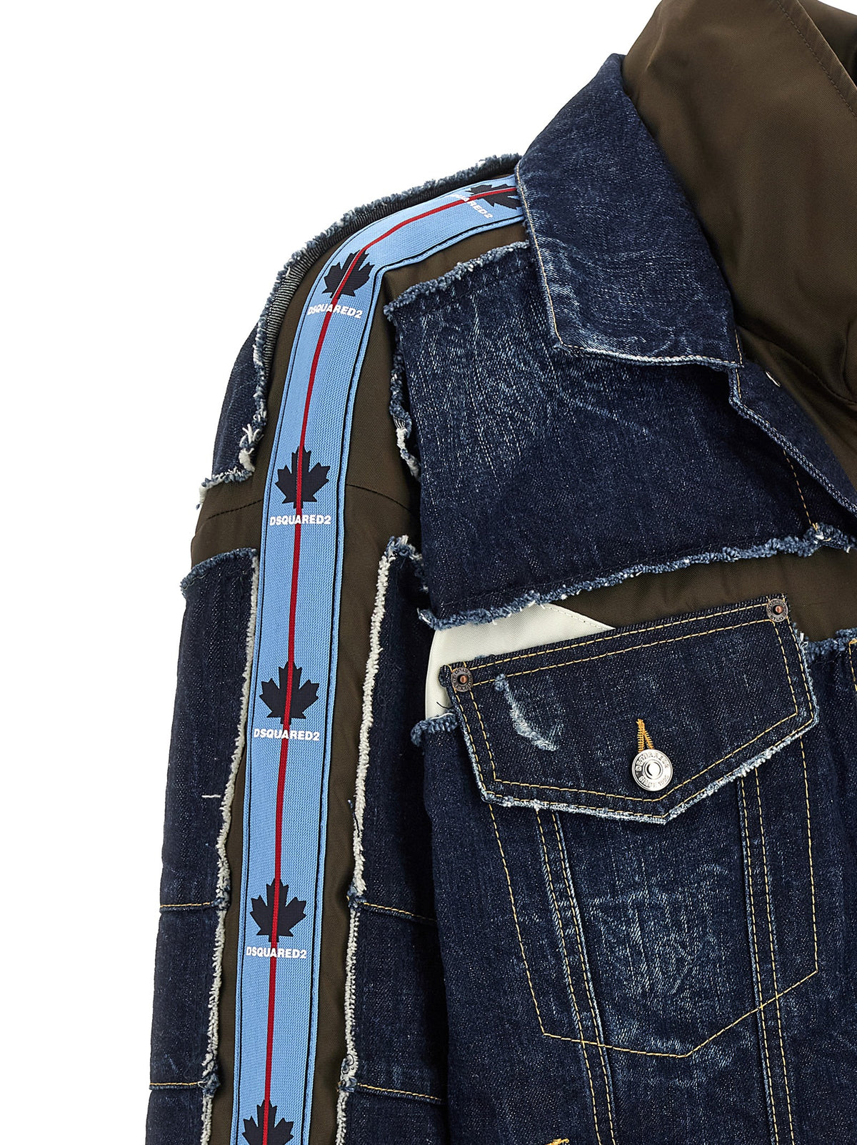 Trucker Jacket by Dsquared² for men in denim cotton dark-blue, green, olive & silver presents a effortlessly chic silhouette, showcasing a sophisticated and premium for a truly effortlessly chic finish.