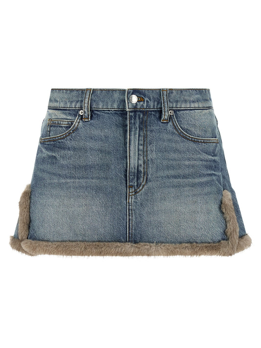 Skirt by DENIM X ALEXANDER WANG for women in denim cotton leather & fur blue, brown, indigo, silver & signature features a sublime silhouette, showcasing the sublime design of the Women's Denim Mid Rise Cotton Leather & Fur Long Skirt in a sophisticated long.