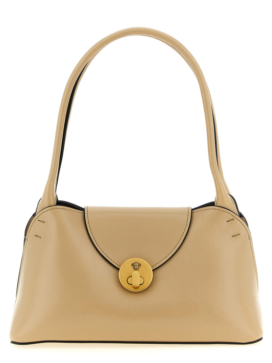 Small Shoulder Bag by Versace for women in bos taurus calfskin leather beige features a effortless chic silhouette with a secure zipper & turn-lock, ample , and versatile shoulder-strap & handle for a effortless chic finish.