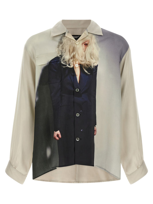 Shirt by Undercover for men in canvas & rayon beige & print features an architectural silhouette with a refined and elegant for a architectural look.