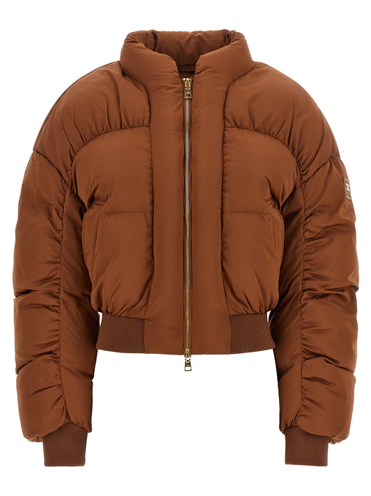 Puffer Jacket by Elisabetta Franchi for women in polyester brown & gold features a city-ready silhouette, detailed with insulated and a city-ready high-neck neckline.