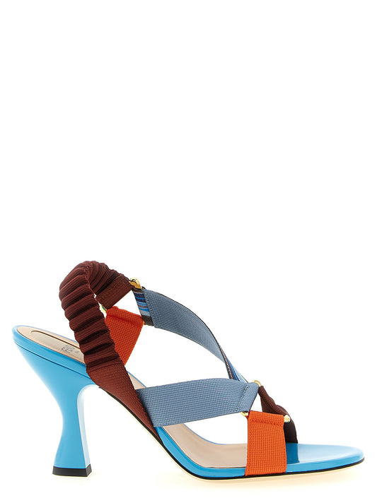Sandals by Fendi for women in leather polyester & viscose and blue, gold, multicolor, orange, jacquard & striped presents a captivating silhouette, showcasing the signature style of the Play Women's Leather Polyester & Viscose Sandals with a captivating and captivating .