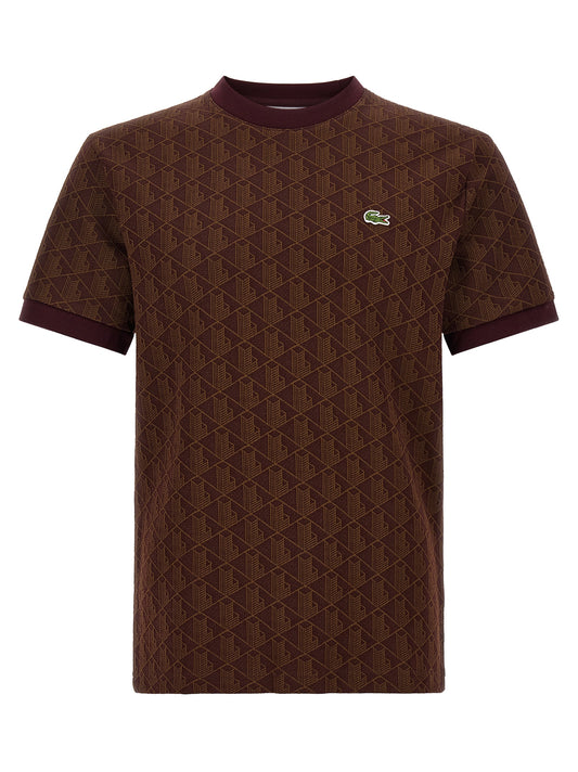 T-Shirt by Lacoste for men in polyester crocodile leather & cotton brown, patterned, jacquard & monogram features an on trend silhouette, perfectly showcasing a on trend and crew neckline for an elevated aesthetic.