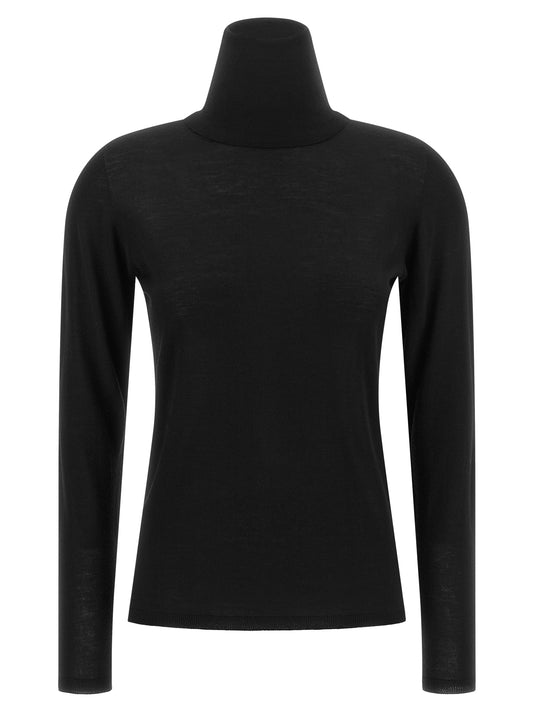 Cardigan by Max Mara for women in virgin wool black features a nuanced silhouette with a refined turtle high-neck neckline and nuanced long-sleeve detailing for a sophisticated look.