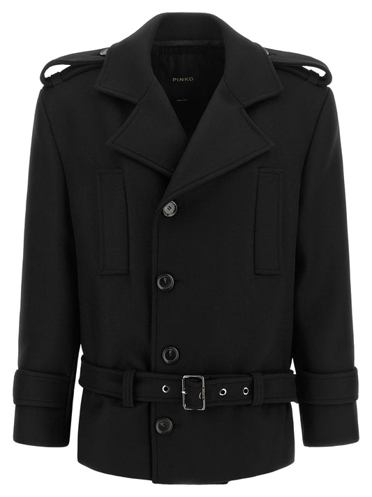 Overcoat by PINKO for women in wool black features a contemporary silhouette showcasing a contemporary and refined pockets for a sophisticated finish.