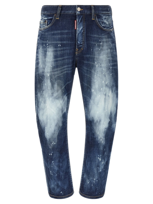 Jeans by Dsquared² for men in denim cotton blue, brown, red, white & signature features a polished silhouette with a polished slim, reaching a polished long and finished with a polished .