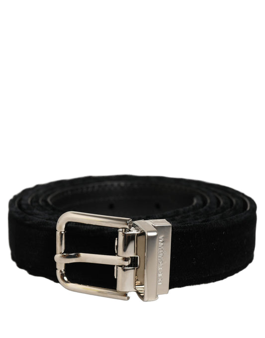 Belt by Dolce & Gabbana for men in leather & velvet black & silver features an artisanal finish, elegantly showcasing the signature style and artisanal craftsmanship of the Leather & Velvet Belt design.