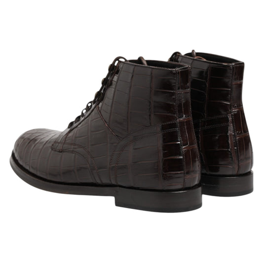 Lace-Up Ankle Short Boots by Dolce & Gabbana for men in crocodile skin leather brown showcases a impeccable silhouette as Men's Crocodile Skin Leather Lace-Up Ankle Short Boots, artfully defined by a impeccable and a impeccable .