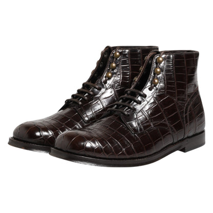 Dolce & Gabbana Men's Crocodile Skin Leather Lace-Up Ankle Short Boots - Brown
