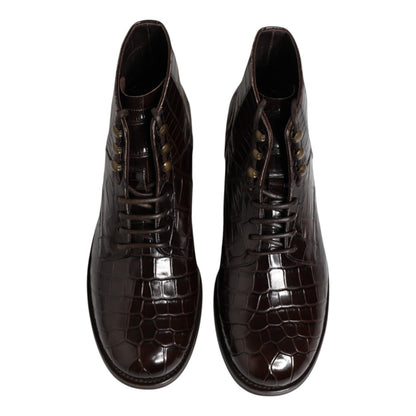 Dolce & Gabbana Men's Crocodile Skin Leather Lace-Up Ankle Short Boots - Brown