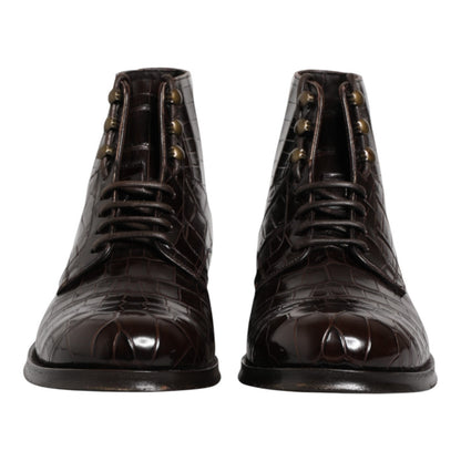 Dolce & Gabbana Men's Crocodile Skin Leather Lace-Up Ankle Short Boots - Brown