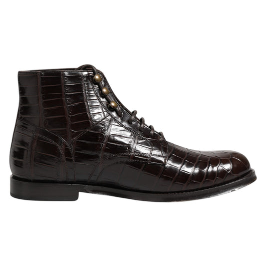 Dolce & Gabbana Men's Crocodile Skin Leather Lace-Up Ankle Short Boots - Brown