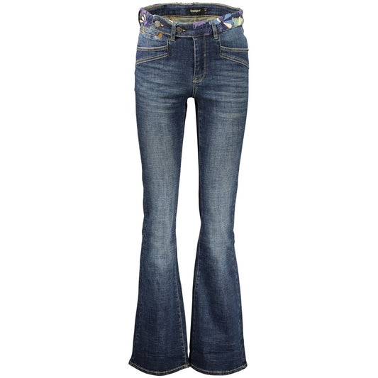 Jeans by Desigual for women in stretch denim cotton blue features a polished silhouette with a polished flared, reaching a polished long and finished with a polished .