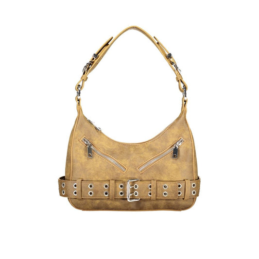 This Handbag by Desigual for women in polyurethane and brown presents a sculptural silhouette featuring a secure zipper, ample external-pockets, internal-pockets & cardholder, and versatile adjustable-strap & handle for a sculptural finish.