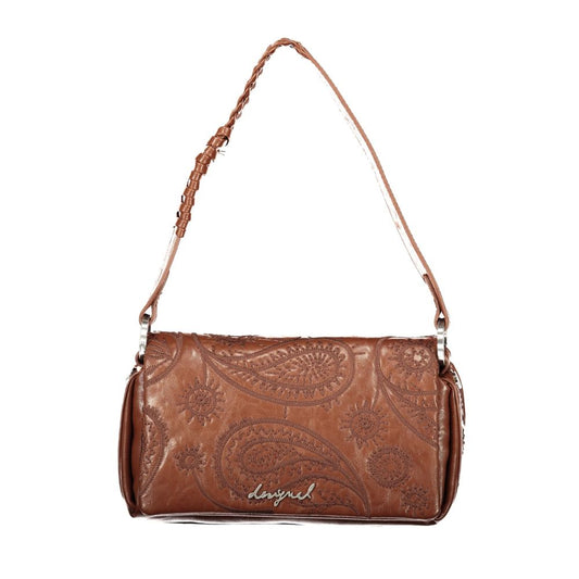 Mini Flap Handbag by Desigual for women in polyurethane brown features a signature silhouette, showcasing a secure flap, zipper & magnetic and signature internal-pockets & cardholder with versatile adjustable-strap, detachable-strap & handle for a sophisticated look.