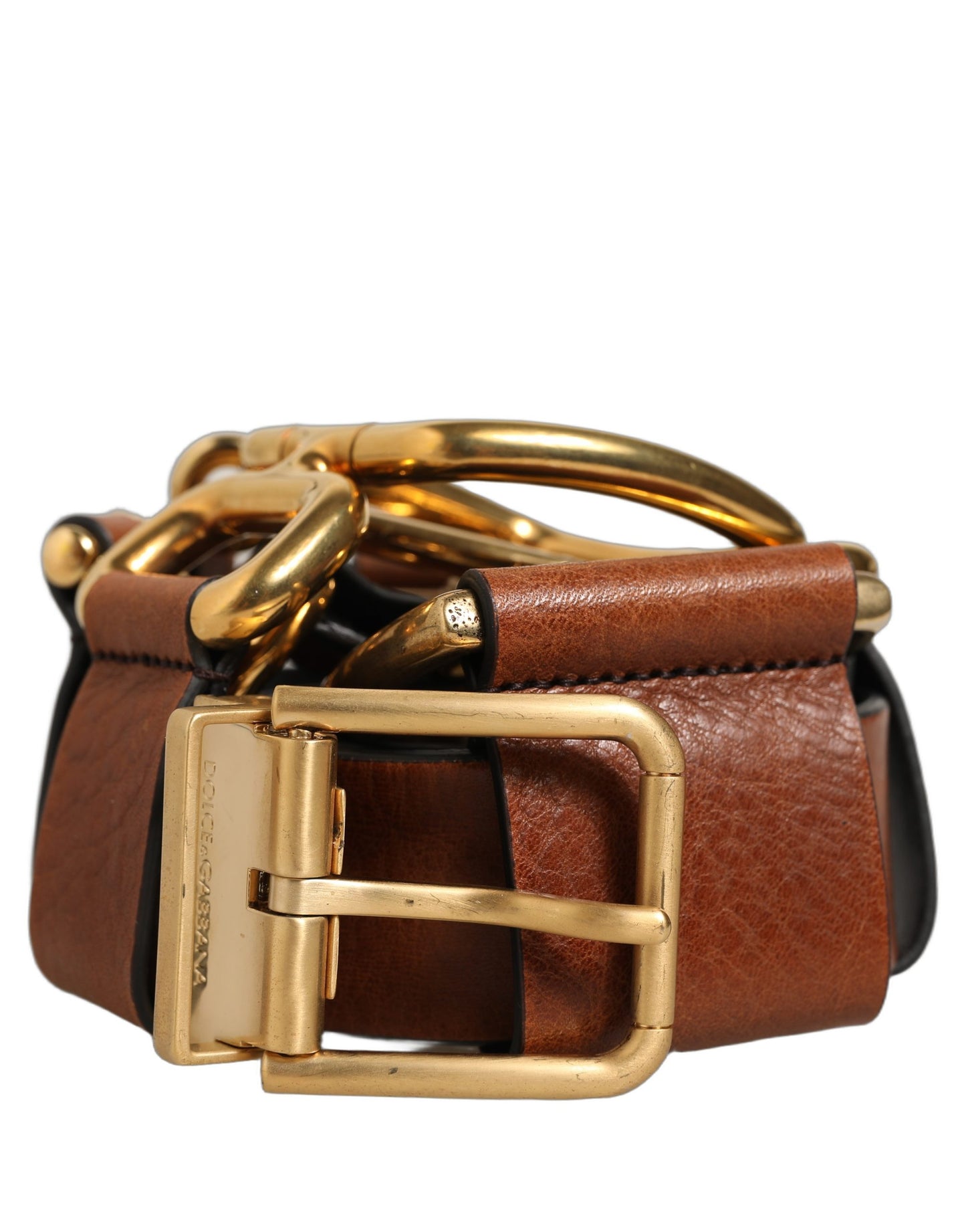Dolce & Gabbana Brown Leather Gold Metal Rings Buckle Belt