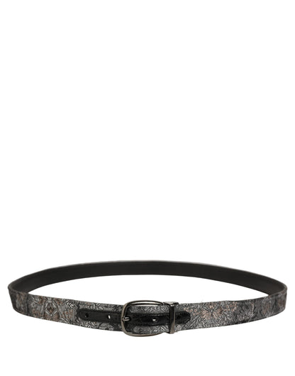 Dolce & Gabbana Silver Black Floral Jacquard Metal Buckle Belt