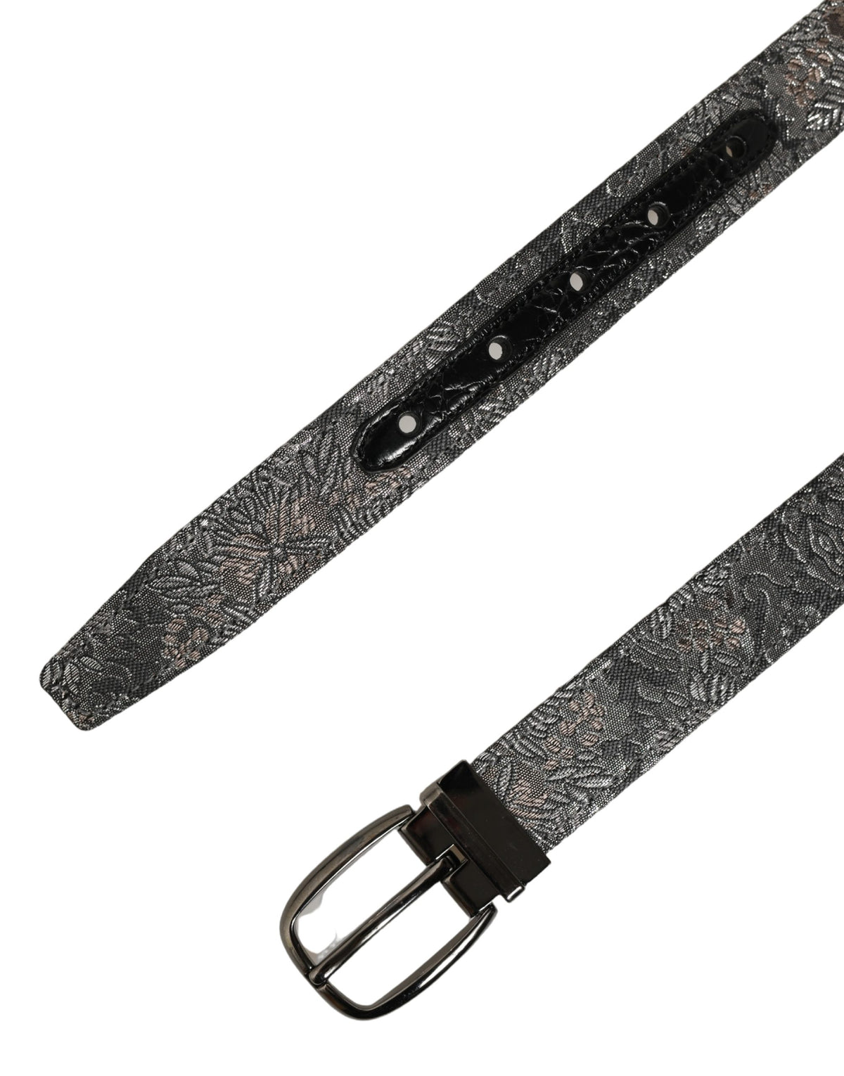 Dolce & Gabbana Silver Black Floral Jacquard Metal Buckle Belt