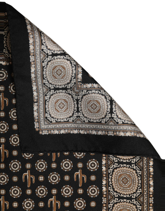 Scarf by Dolce & Gabbana for men in silk black, brown & patterned showcases a warm silhouette from the Silk Foulard Square Scarf collection, offering a warm drape that exudes sophisticated luxury.