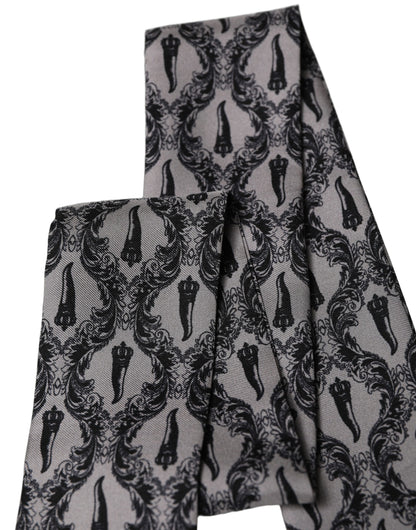 Dolce & Gabbana Gray Baroque Silk Fringed Skinny Foulard Scarf
