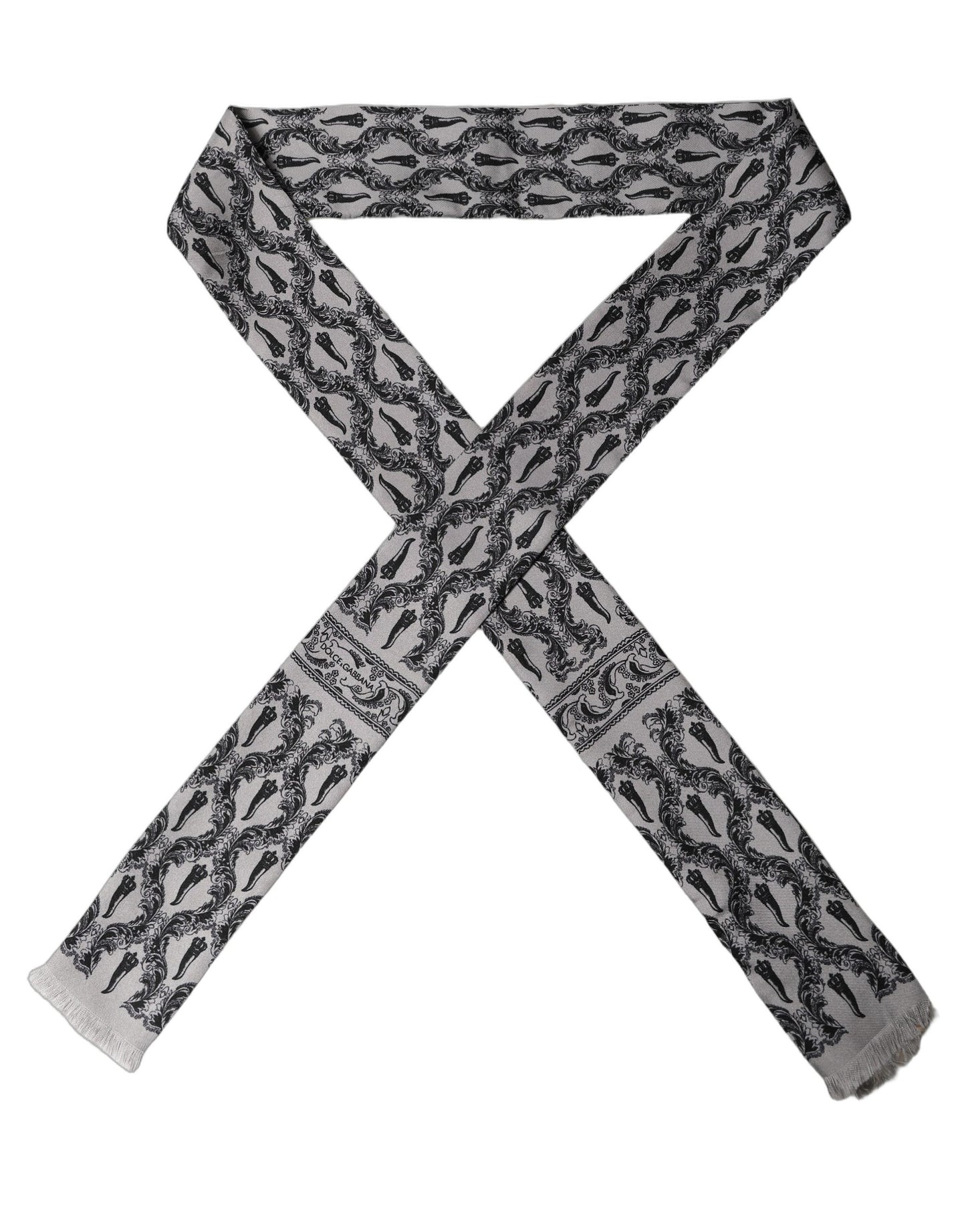 Dolce & Gabbana Gray Baroque Silk Fringed Skinny Foulard Scarf