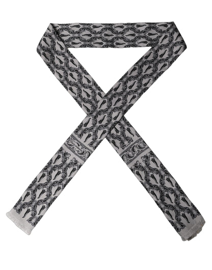 Dolce & Gabbana Gray Baroque Silk Fringed Skinny Foulard Scarf