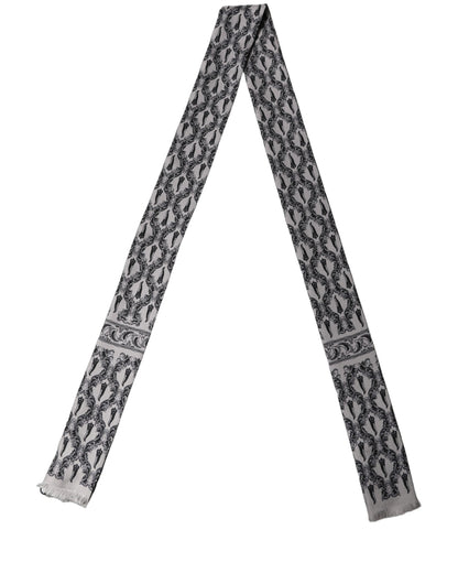 Dolce & Gabbana Gray Baroque Silk Fringed Skinny Foulard Scarf