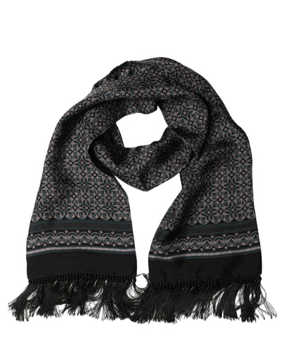 Dolce & Gabbana Black Silk Geometric Fringed Neck Shawl Scarf