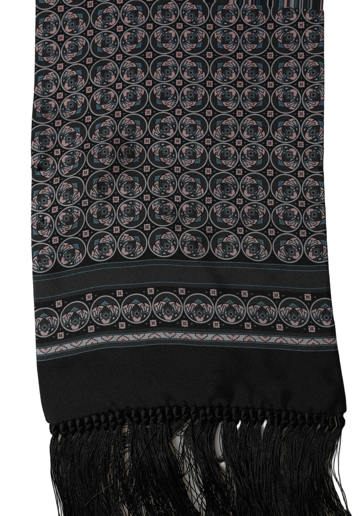 Dolce & Gabbana Black Silk Geometric Fringed Neck Shawl Scarf