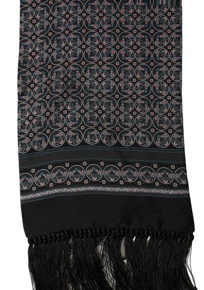 Dolce & Gabbana Black Silk Geometric Fringed Neck Shawl Scarf
