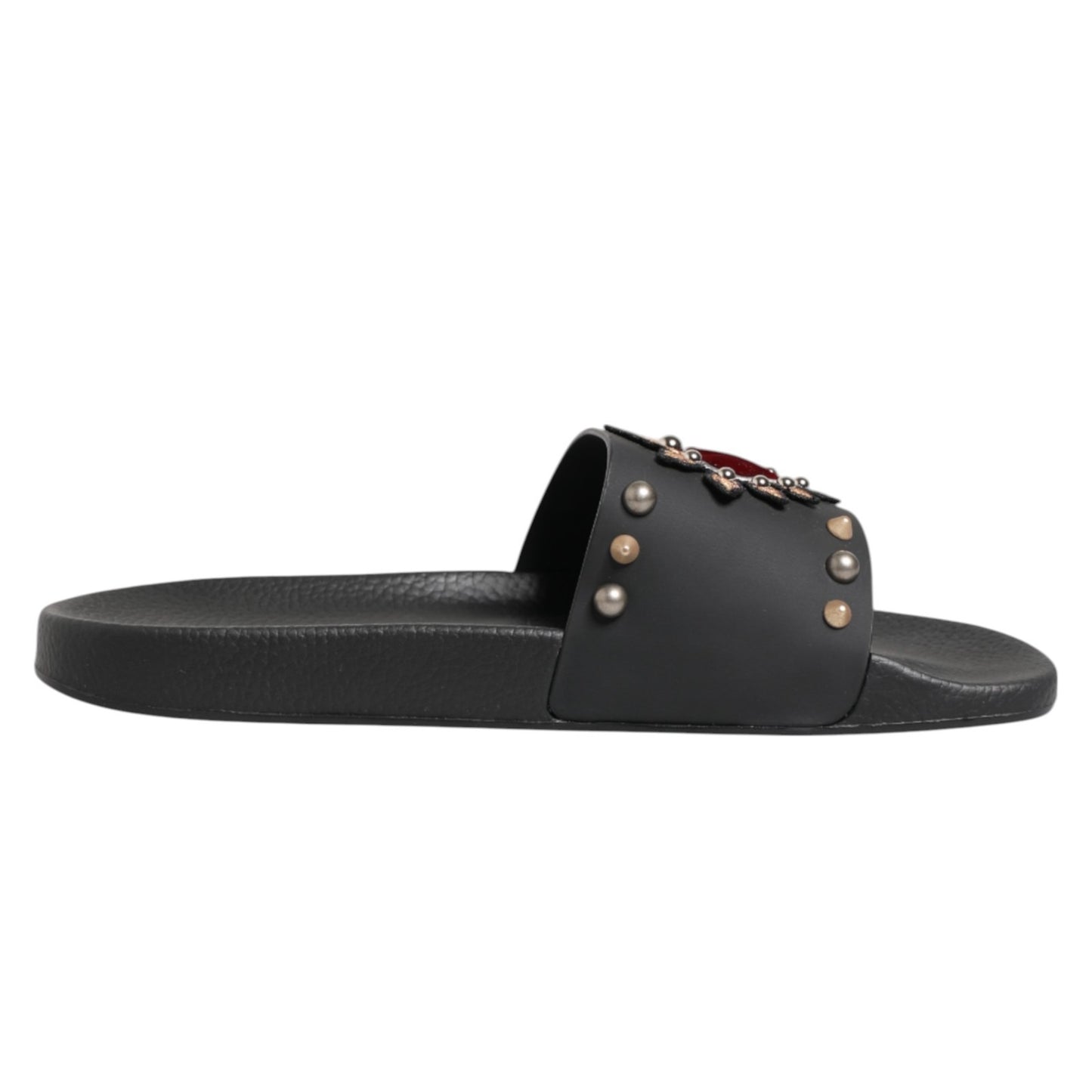 Dolce & Gabbana Black Heart Patch Rubber Calfskin Slippers Shoes