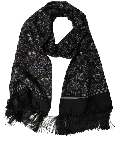 Dolce & Gabbana Black Silk Floral Paisley Fringed Shawl Scarf