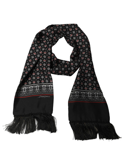 Dolce & Gabbana Black Silk Crown Fringed Neck Shawl Scarf