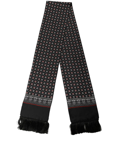 Dolce & Gabbana Black Silk Crown Fringed Neck Shawl Scarf