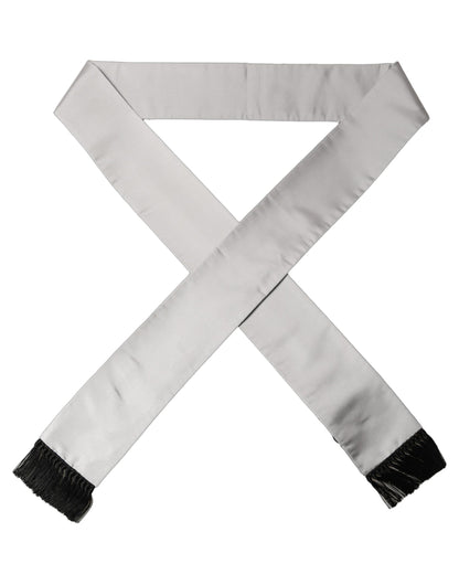 Dolce & Gabbana Light Gray Satin Silk Fringed Lace Stole Scarf