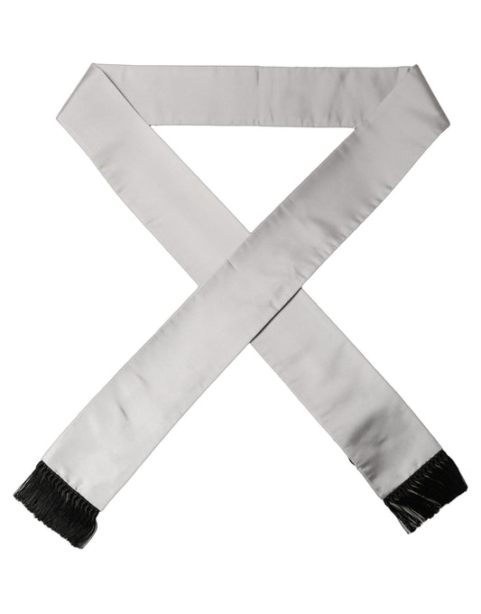 Scarf by Dolce & Gabbana for men in lace satin & silk black, gray & light-grey features a snug silhouette, perfectly showcasing the elegant drape and premium finish of the Lace Satin & Silk Stole Fringes Scarf.