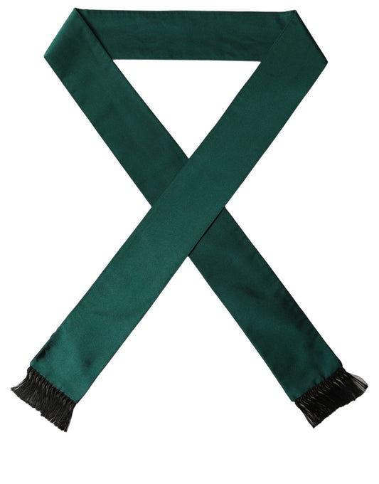 Scarf by Dolce & Gabbana for men in lace satin & silk black & green showcases a eye catching silhouette, artfully capturing the essence of the eye catching Lace Satin & Silk Stole Fringes Scarf design for a sophisticated look.