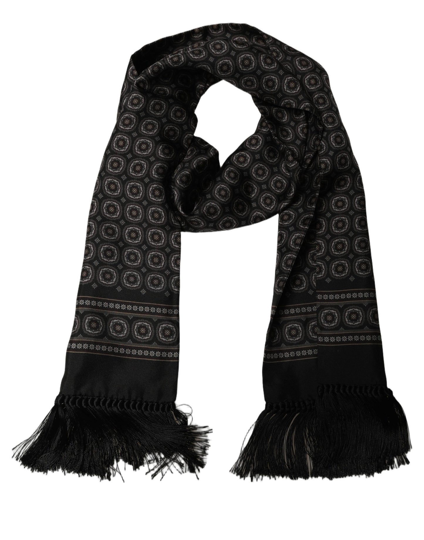Dolce & Gabbana Black Silk Geometric Fringed Neck Shawl Scarf