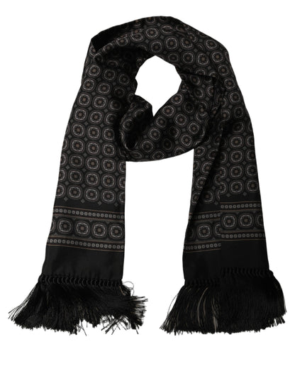 Dolce & Gabbana Black Silk Geometric Fringed Neck Shawl Scarf