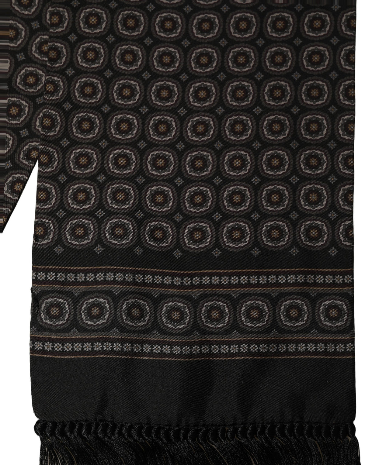 Dolce & Gabbana Black Silk Geometric Fringed Neck Shawl Scarf