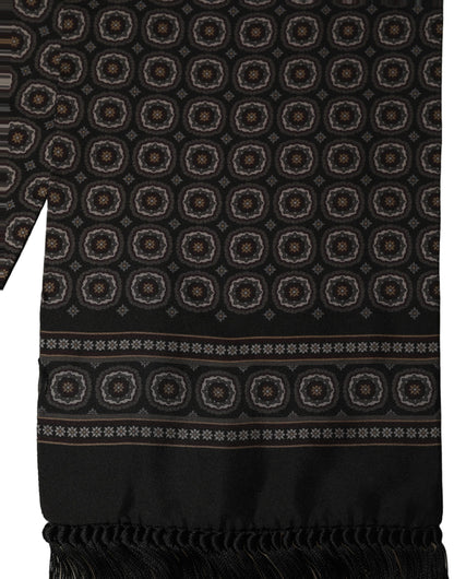 Dolce & Gabbana Black Silk Geometric Fringed Neck Shawl Scarf
