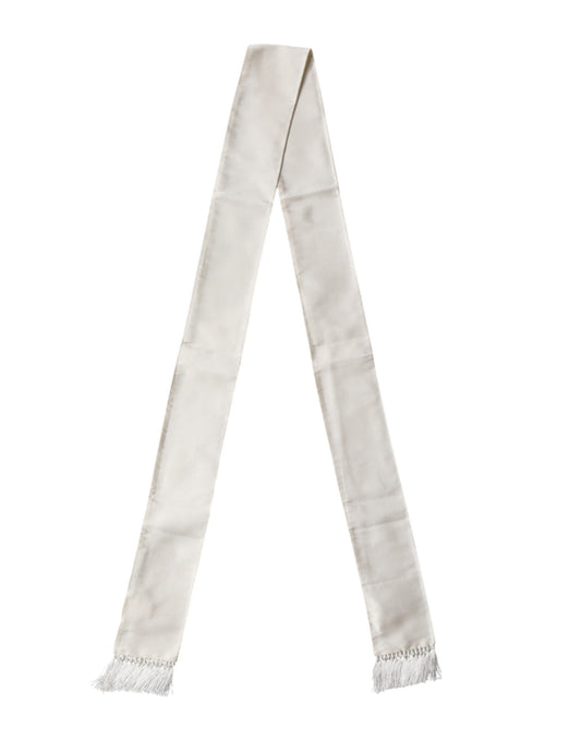 Scarf by Dolce & Gabbana for men in lace satin & silk white features a timeless silhouette, artfully capturing the essence of the timeless Lace Satin & Silk Stole Fringes Scarf design for a sophisticated look.
