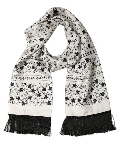 Dolce & Gabbana White Floral Silk Fringed Neck Shawl Scarf