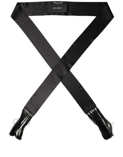 Dolce & Gabbana Men Black Satin Silk Fringed Neck Shawl Scarf