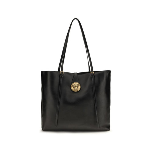 Shoulder Tote Bag by Versace for women in lambskin leather black, gold & signature presents a versatile silhouette, showcasing a secure and versatile with versatile shoulder-strap for a sophisticated look.