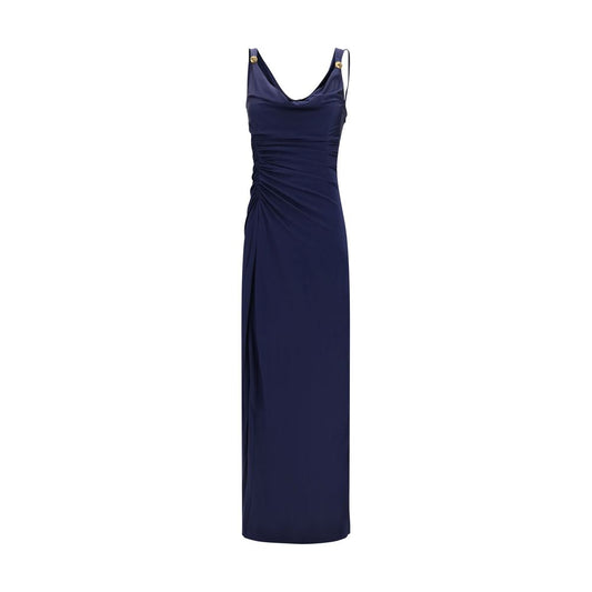Dress by Versace for women in viscose blue & signature features an eye catching silhouette with a sophisticated scoop neckline, elegant sleeveless, and a refined long for a eye catching aesthetic.