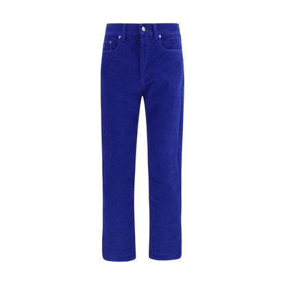 Jeans by Versace for men in denim cotton corduroy blue & signature presents a tailored silhouette, showcasing a tailored straight-leg & regular-fit and long cut with a refined for a truly tailored aesthetic.