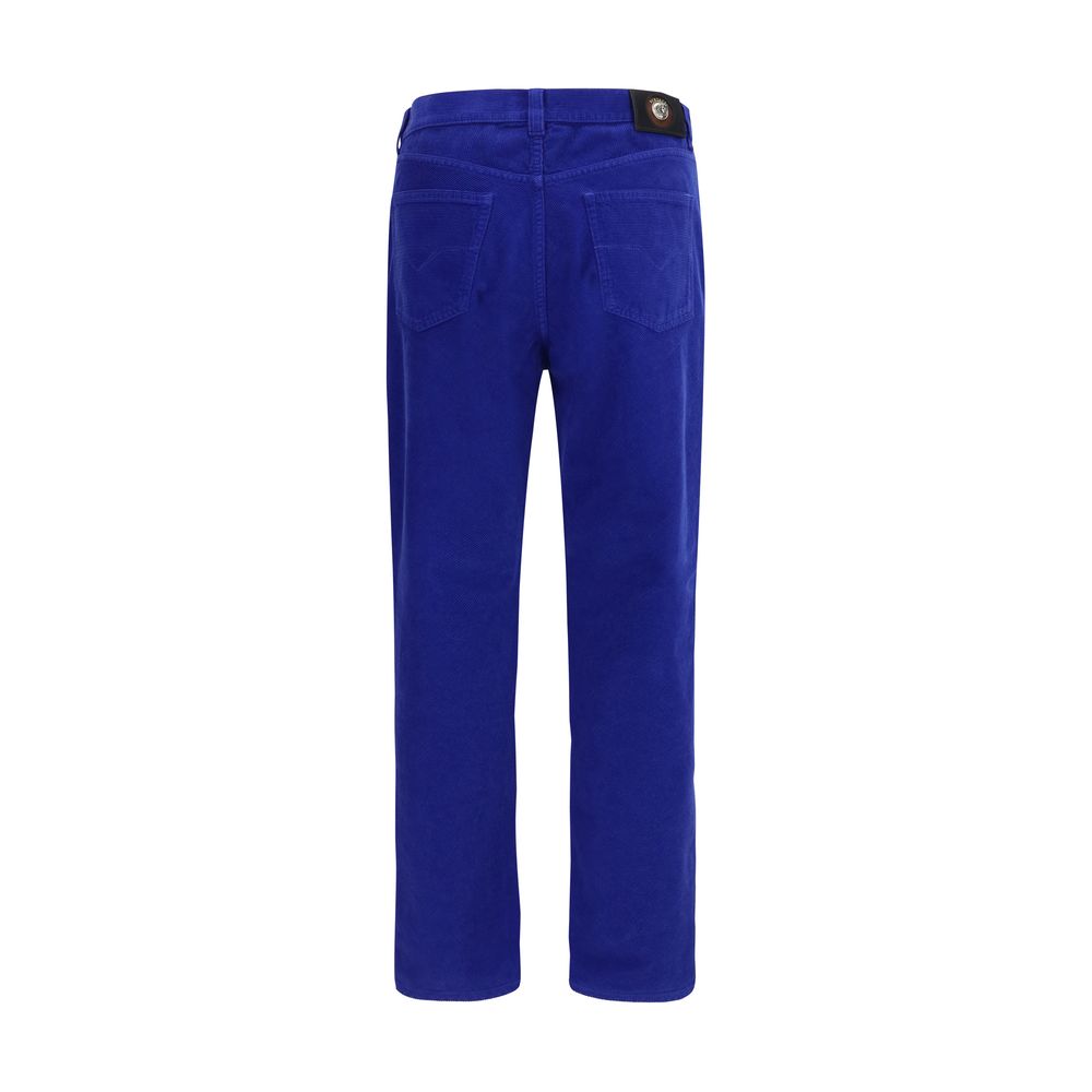 Jeans by Versace for men in denim cotton corduroy blue & signature features an sartorial straight-leg & regular-fit and long with a cut for a sartorial finish.