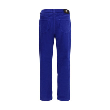 Jeans by Versace for men in denim cotton corduroy blue & signature features an sartorial straight-leg & regular-fit and long with a cut for a sartorial finish.