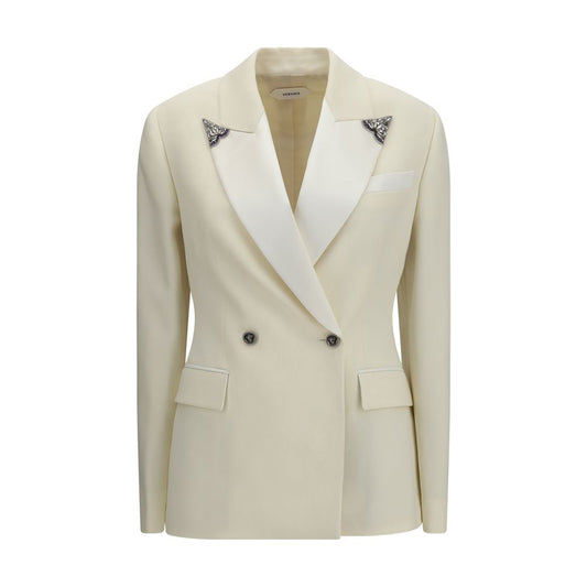 Blazer by Versace for women in satin wool beige & signature features an sartorial silhouette, showcasing a sophisticated lapel neckline and sartorial for a truly sartorial finish.